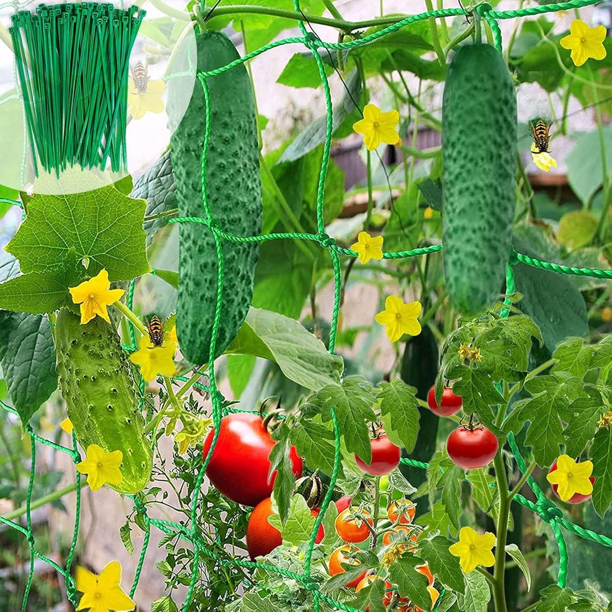 Famanu - Premium ranknet, klimhulp, tuin, tomaten, komkommers, klimhulp, net voor broeikas, roosternet, klimplanten, klimhekwerk voor tuin, klimhulp, groenteplanten, 50 plantenbinders (2 * 5m)
