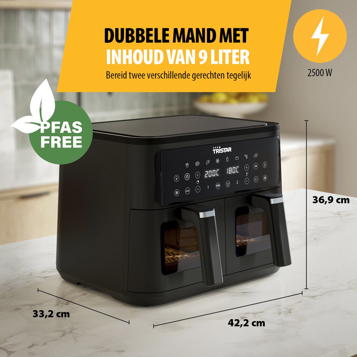 Afbeelding 3 van Tristar Dubbele Airfryer FR-9429 - 2x 4,5 Liter - Dubbele Mand - Kijkvenster - 9L - 2500W