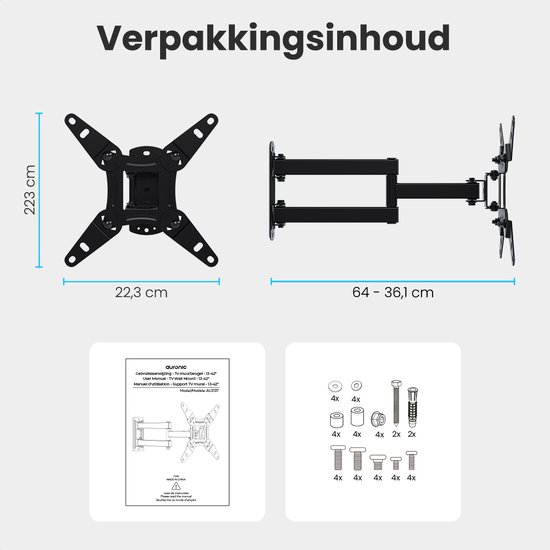 Verpakkingsinhoud met maten: TV-beugel, handleiding en schroeven voor 13-42" tv's.