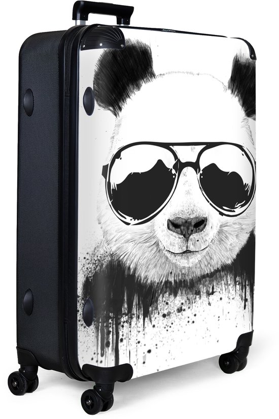 NoBoringSuitcases.com® - Koffer groot - Reiskoffer lichtgewicht - Panda - Bril - Druppels - Wit - Rolkoffer met 4 wielen - Grote trolley XL - 98 liter bagage