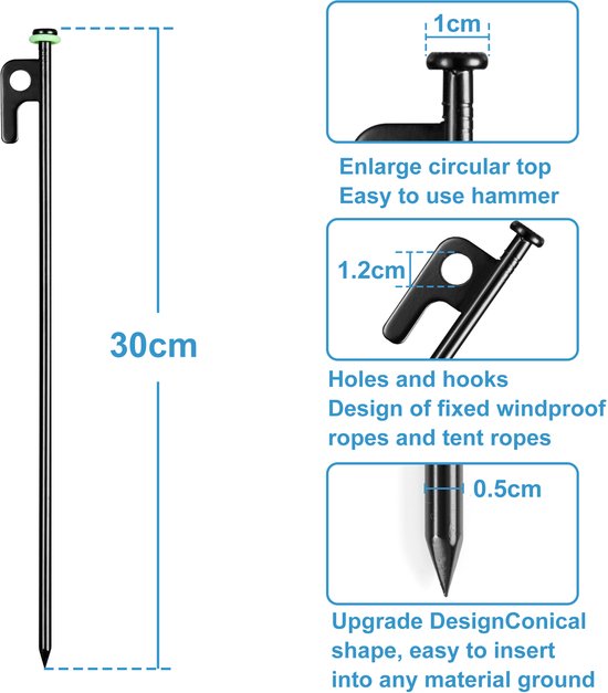 Piquets de tente YONO 30 cm - Piquets de tente Camping et Survie - Chevilles de sol en aluminium - 12 pièces