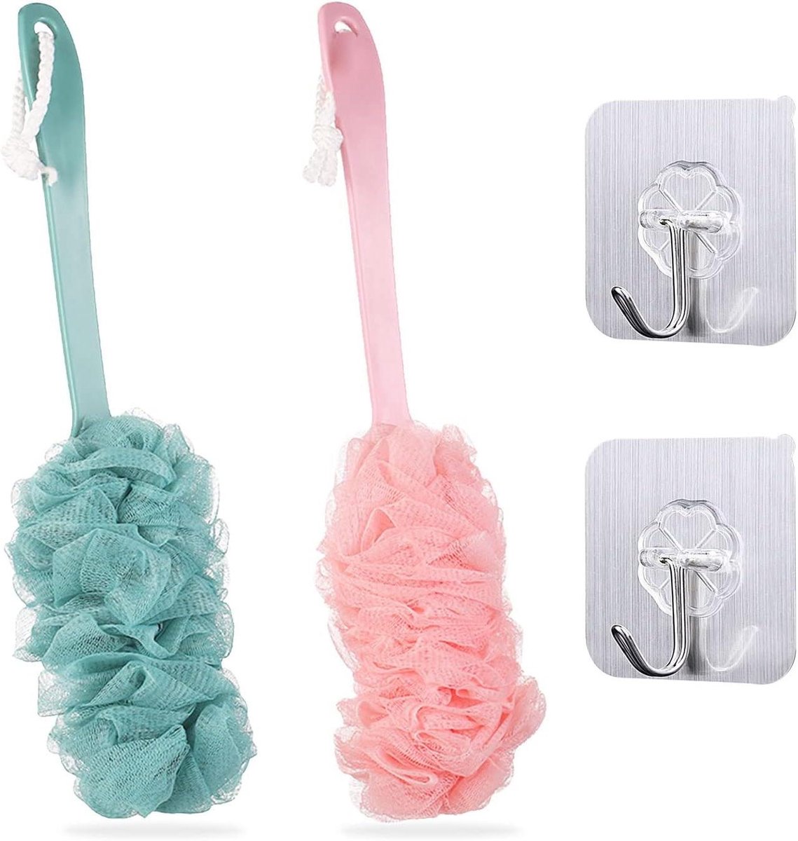 2-delige Badborstel Set met Lange Handvatten, Zachte Mesh Rugborstel en Loofah - Badborstel voor Heren en Dames om de Huid te Scrubben en Dode Huid te Verwijderen - Blauw
