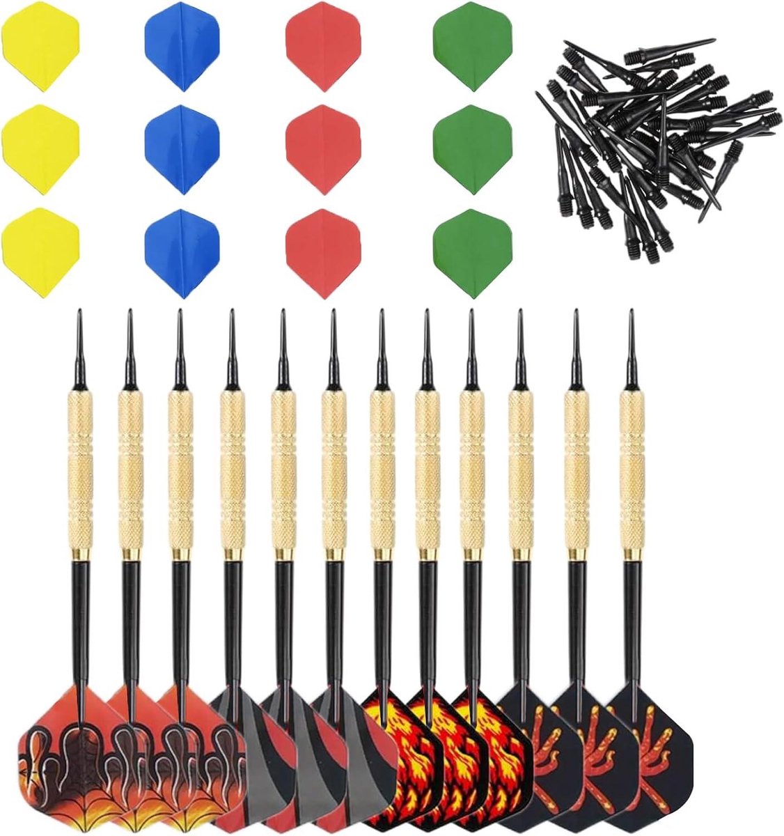 Allecto Plus - 12 stuks dartpijlen met zachte kunststof punt en 24 patronen - Vervangbare dartset met kunststof dartkop - Inclusief 100 dartpunten