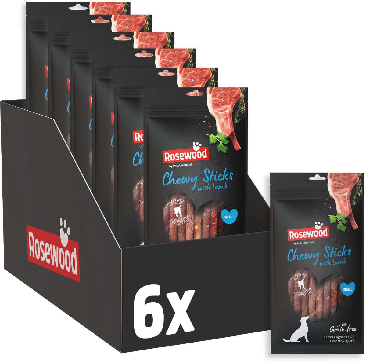 Rosewood Chewy Sticks Lam Small - Kauwstaven voor Kleine Honden - Met Lam & Runderhuid - Graanvrij - Zonder Kunstmatige Toevoegingen - 6 zakjes à 72g
