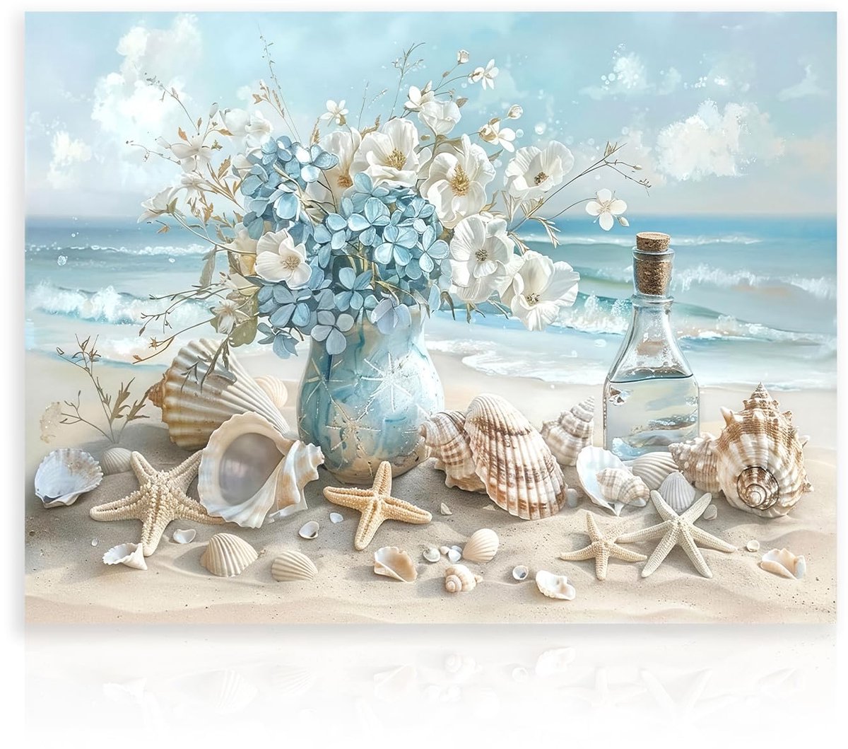 Ibenzoa Canvas Muurkunst Strandthema met Oceaanbloemen en Zeesterren Wanddecoratie 30 x 40 cm blauw