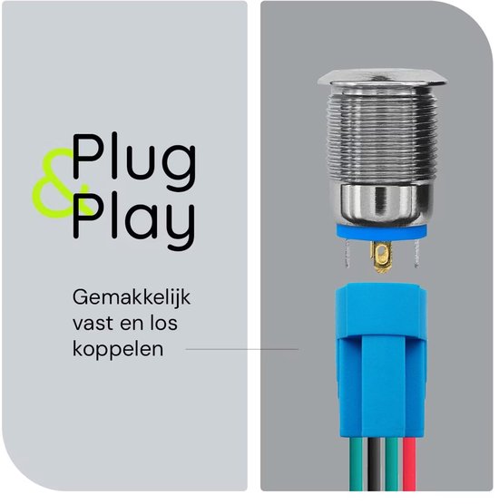 Interrupteur à impulsion métallique ProRide, panneau encastré 220 V, arrêt/marche (12 mm), avec câble de connexion, résistant aux éclaboussures, voyant LED vert