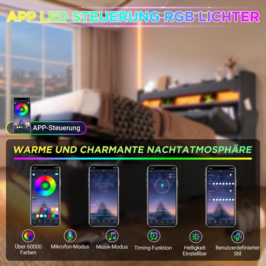 Lit double rembourré 180x200 avec ports USB et Type C - éclairage LED- lit avec coffre hydraulique - gris - sans matelas