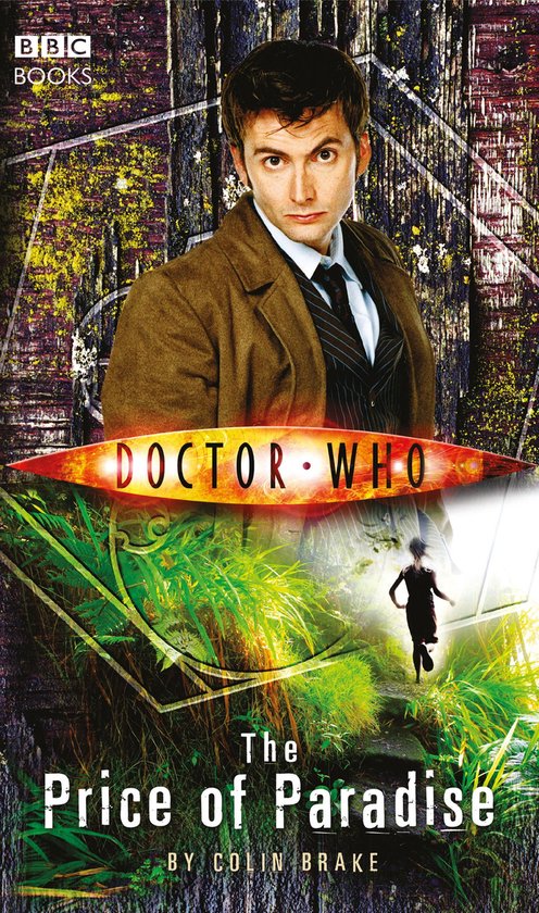 BBC Books Doctor Who: The Price of Paradise, met David Tennant in een bruine jas, gestreepte stropdas en wit overhemd. Een figuur rent weg in een jungle.
