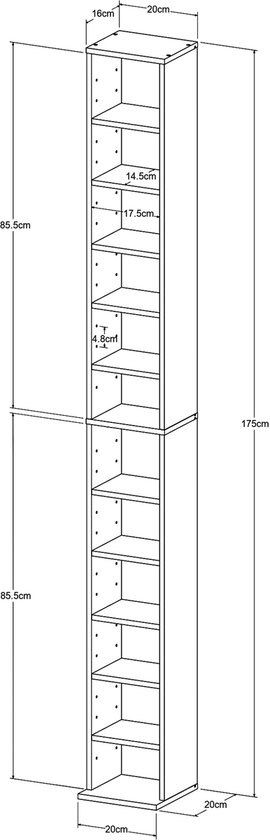 CD DVD kast vakkenkast met 12 vakken 175x20x20 cm wit