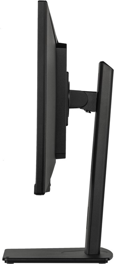 Zijaanzicht van een zwarte monitor met verstelbare standaard. De monitor heeft een slank profiel.