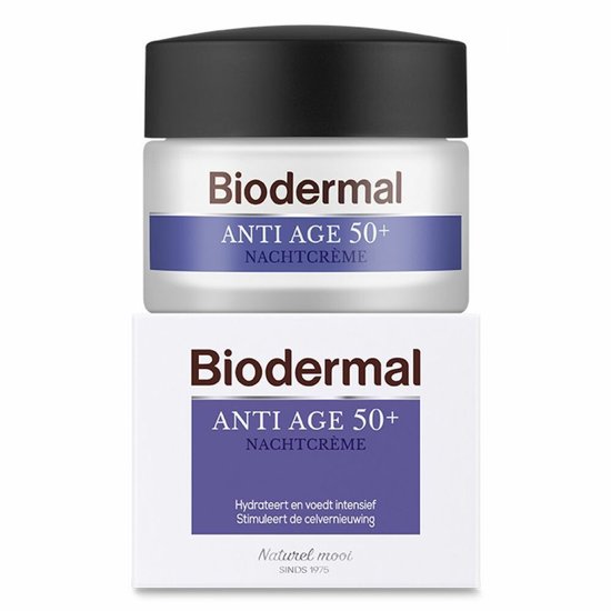 Biodermal Anti Age 50+ Nachtcrème pot met witte verpakking.