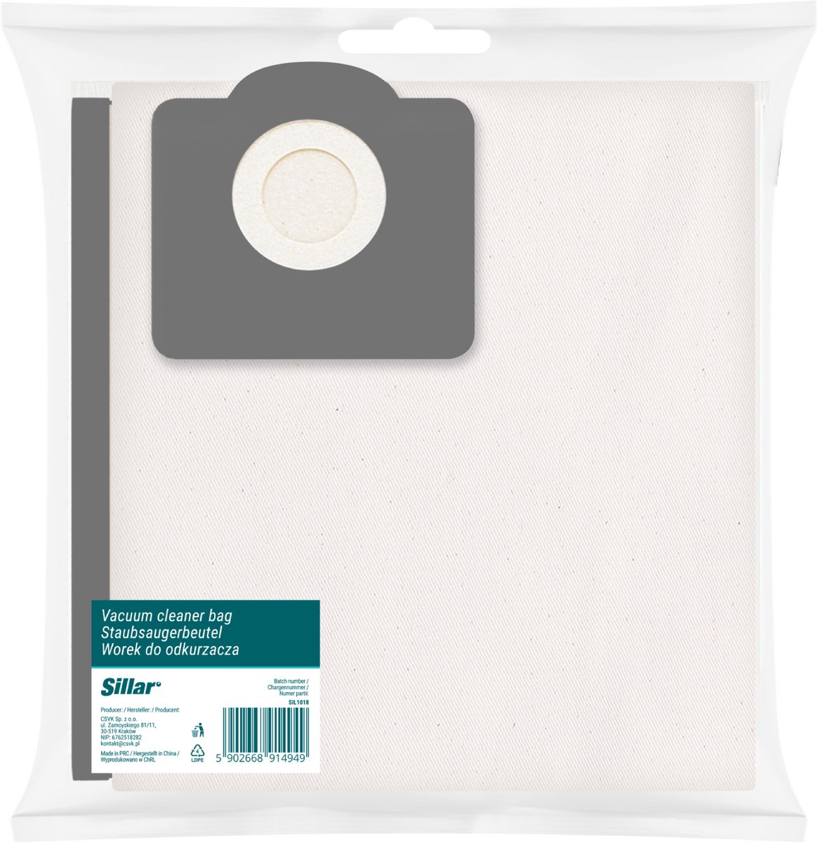 Sillar , Stofzuigerzak, van stof, herbruikbaar, vervangend, geschikt voor stofzuigers van Karcher serie A, K, MV, SE, WD, Electrolux, Hoover, 82,5 x 30 cm, 1 stuk