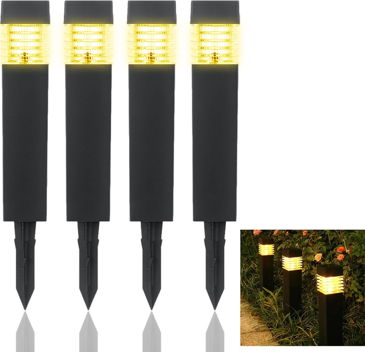 Solar priklampen voor buiten - Set van 4 stuks (6*39CM) -Padverlichting- Rond - RVS -buitenlampen - Priklamp op zonne-Solar Grondspots -Tuinverlichting op zonne