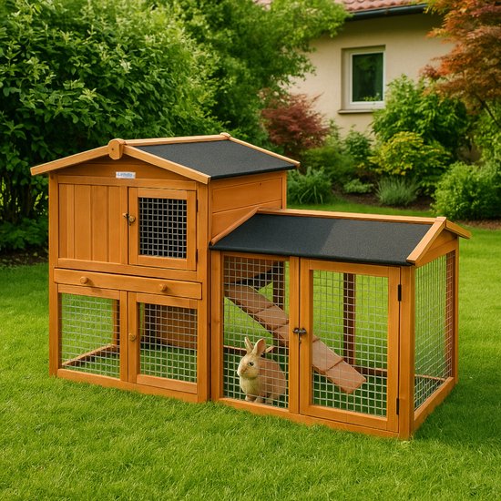Bruin houten konijnenhok met een konijn dat door de gaasdeur kijkt, in een groene tuin.