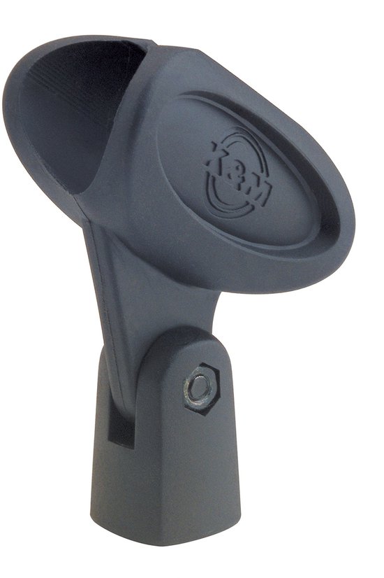 Zwarte K&M microfoonclip met draaibare scharnier.