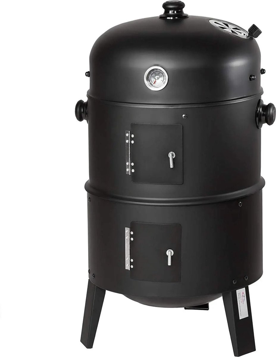 Houtskoolbarbecue - Roker - Grill - 3-in-1 BBQ Vat - Buitenkeuken - Houtskoolgrill Met Thermometer - Rookoven Met Waterbak - Voor Roken, Grillen en Stomen - Ø41cm - 78cm Hoog - Staal - Zwart - Geschikt Voor 6 Personen