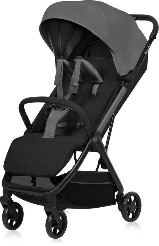 Zwarte Lionelo buggy met verstelbare rugleuning, XXL zonnekap en lichtgewicht frame.