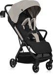 Zwarte buggy met een crèmekleurige zonnekap en zitting, een grijze 5-puntsgordel en een bekerhouder.