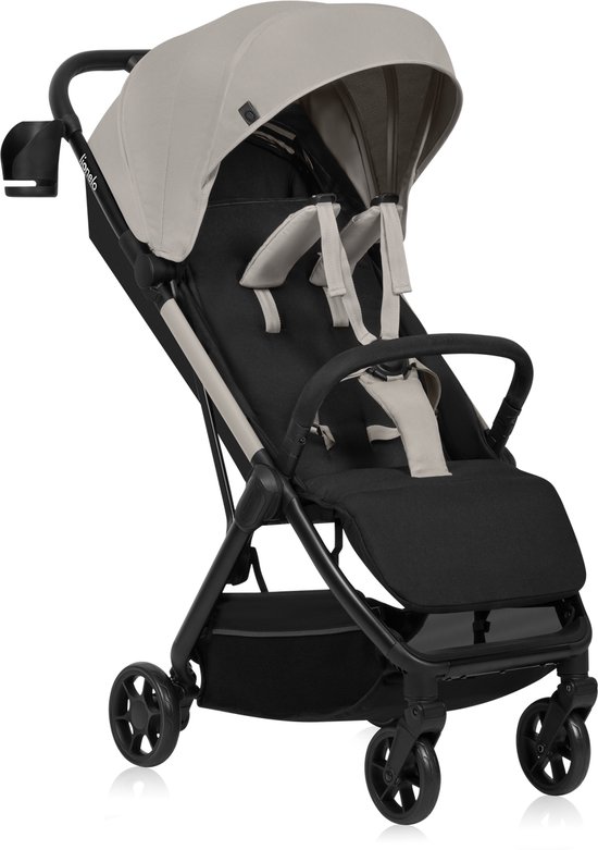 Zwarte buggy met een crèmekleurige zonnekap en zitting, een grijze 5-puntsgordel en een bekerhouder.