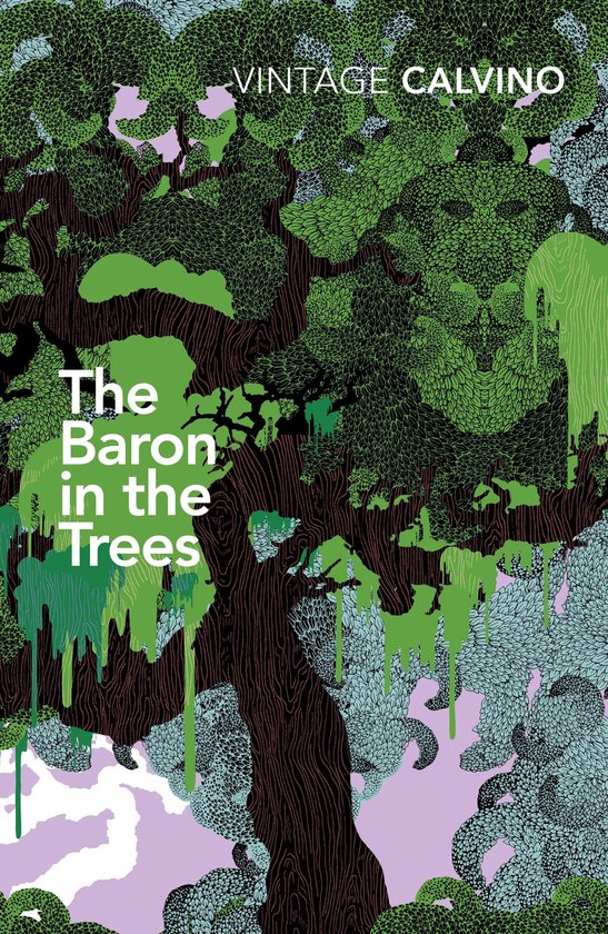 Boekomslag van 'The Baron in the Trees' met een bruine boomstam en groene bladeren tegen een paarse achtergrond.