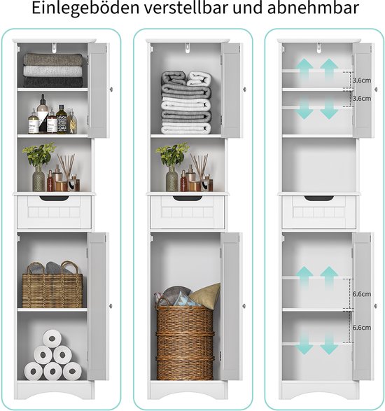 Xbro Badkamerkast met 2 Deuren en 1 Lade – Hoge Opbergkast met Verstelbare Planken – Smalle Kast voor Badkamer, Keuken of Slaapkamer – 170 x 40 x 30 cm – Wit