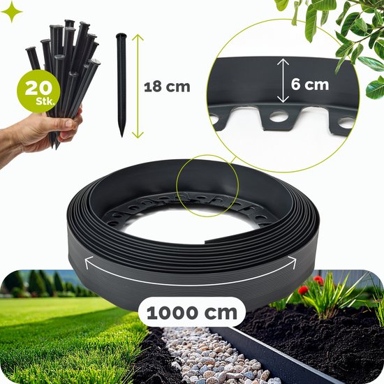 VOUNOT Flexibele gazonrand kunststof, met 60 grondankers, lengte 20 m hoogte 5 cm, grijs