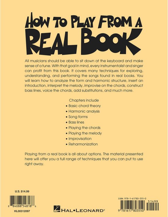 Achterkant van het boek 'How To Play From a Real Book' met beschrijving, prijs en hoofdstukkenlijst.
