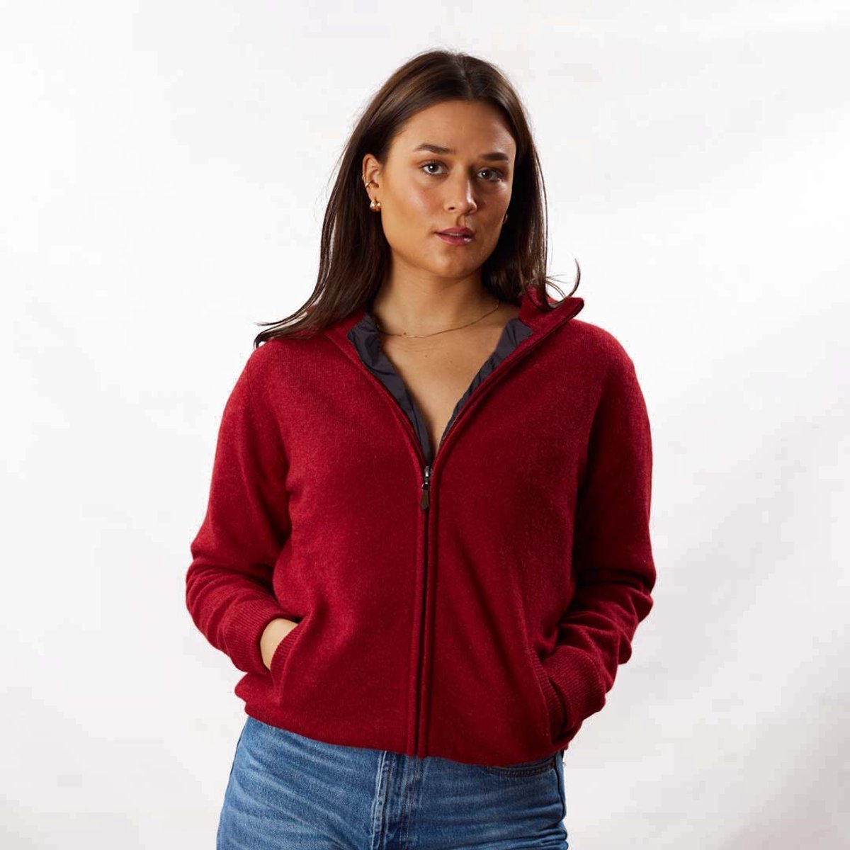 Osborne Knitwear Windstopper cardigan met rits - Dames - Lamswol - Poppy Melange - Zwarte voering - L