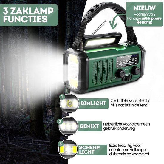 Draagbare Radio Retro Groen, FM/AM/SW Solar Radio met Handvat 10000mAh
