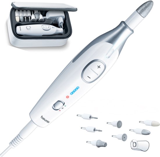 Beurer MP 42 Elektrische nagelvijl – Nagelfrees – Electrische manicure-en Pedicureset - 7 Opzetstukken – Beschermkap – Magic LED display – Traploos instelbaar – Netvoeding = kracht - Opbergetui - 3 Jaar garantie - Wit/zilver