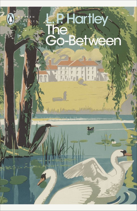 Boekomslag 'The Go-Between' met zwanen op het water en een landhuis op de achtergrond.