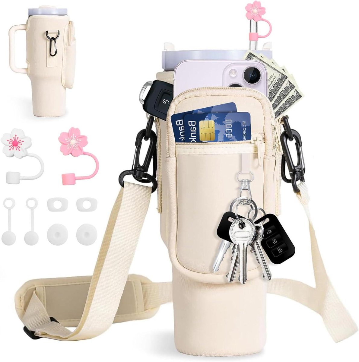 Waterfles tas voor Stanley Cup accessoires met mobiele telefoon zak verstelbare riem draaghandvat