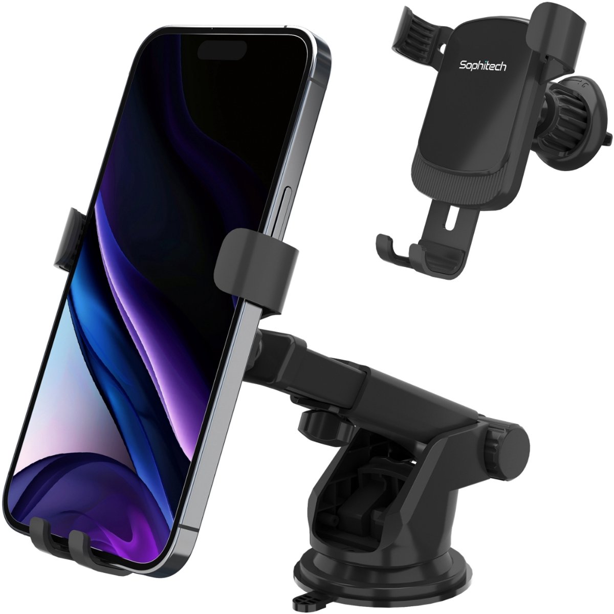 Sophitech GravityGrip – Telefoonhouder Auto – 360° Verstelbaar – Sterke Grip – Voor Raam, Dashboard & Ventilatierooster – Zuignap & Ventilatieclip – Universele GSM Houder