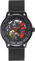 Zwart skeleton horloge met rode en gele accenten, en een mesh band. Het uurwerk is zichtbaar door de wijzerplaat. Pierre Lannier logo op de wijzerplaat.