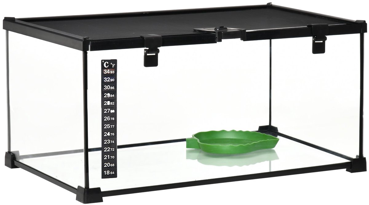 Merax Glasterrarium Reptielenbox 50 x 30 x 25 cm – Terrarium met Thermometer en Voederopening – Voor Slangen Spinnen Hagedissen Kikkers Schildpadden