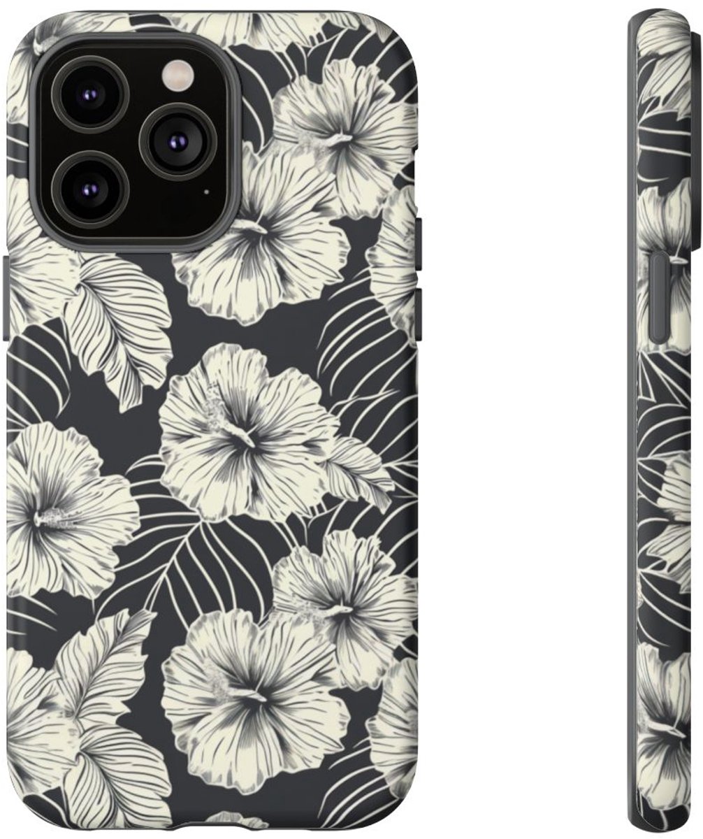 Monochroom Bloemenpatroon – Telefoonhoesje Geschikt voor iPhone 14 Pro Max