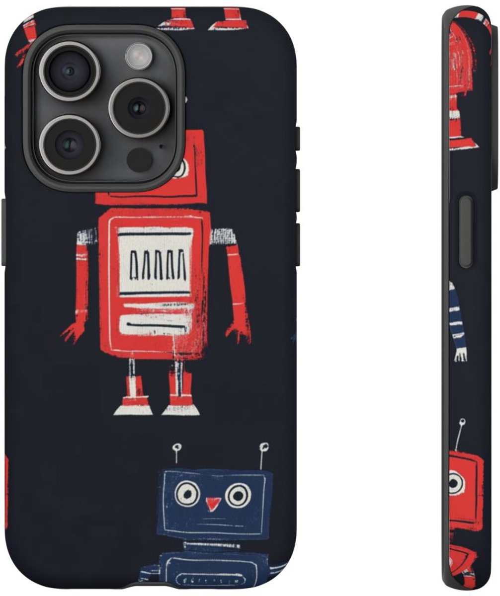 Retro Robotpatroon in Rood en Blauw – Telefoonhoesje Geschikt voor iPhone 15 Pro