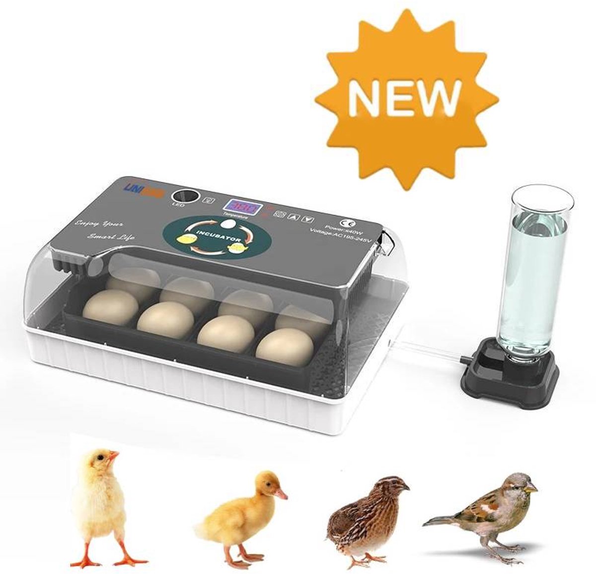 UniEgg™ Slimme broedmachine YZ12 - 12 t/m 60 eieren - 2.0 (2e generatie) automatische rolsysteem met geïntegreerd schouwlamp - automatische waterdispenser met Nederlandse handleiding