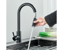 Keukenkraan zwart, keukenkraan met uittrekbare douchekop, 2 standen, inbouwkraan met 360° draaibare uitloop van 304 roestvrij staal, koud en warm beschikbaar