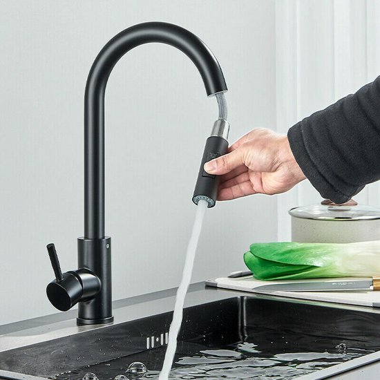 Robinet de cuisine noir, robinet de cuisine avec pommeau de douche extractible, 2 réglages, robinet intégré avec bec pivotant à 360° en acier inoxydable 304, froid et chaud disponibles