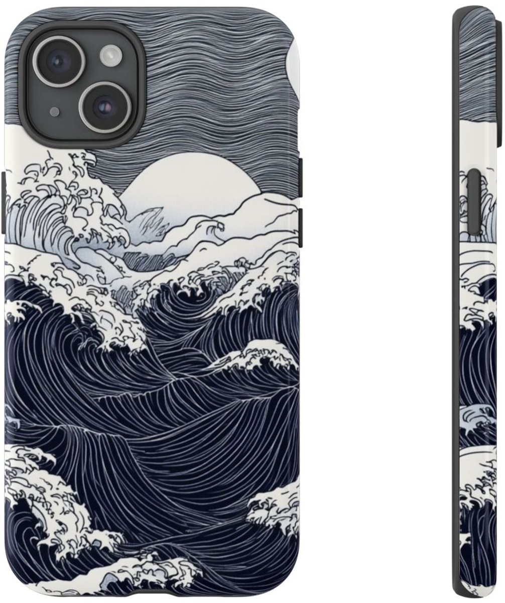 Monochrome Oceaangolven met Maan – Telefoonhoesje Geschikt voor iPhone 15 Plus