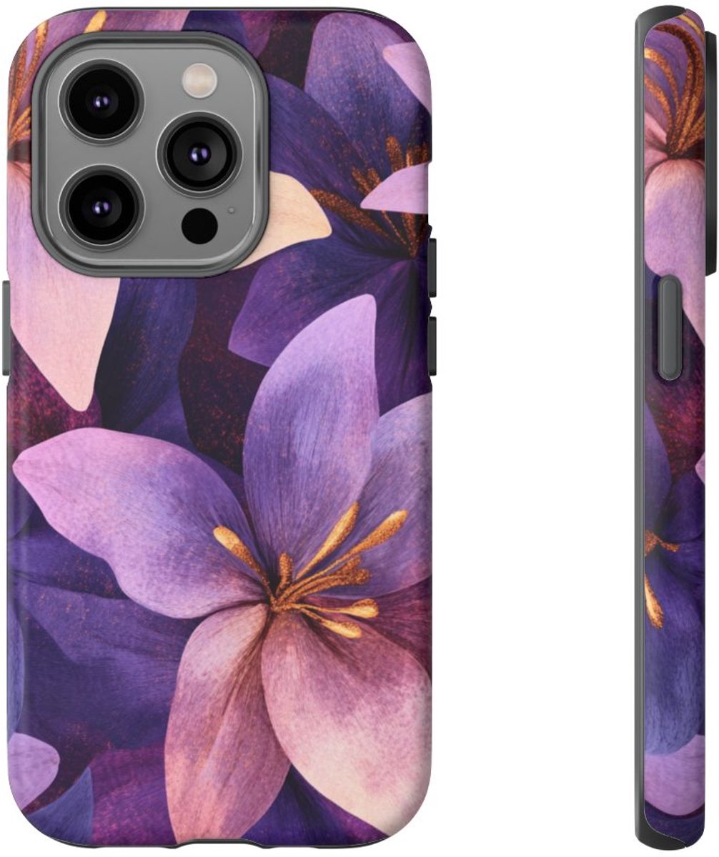 Paars-Gouden Bloemenpatroon – Telefoonhoesje Geschikt voor iPhone 14 Pro