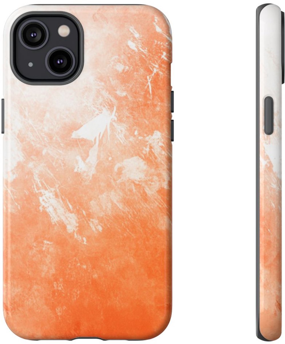Oranje Schilderachtige Textuur – Glanzend Stevig Telefoonhoesje Geschikt voor iPhone 14 Plus