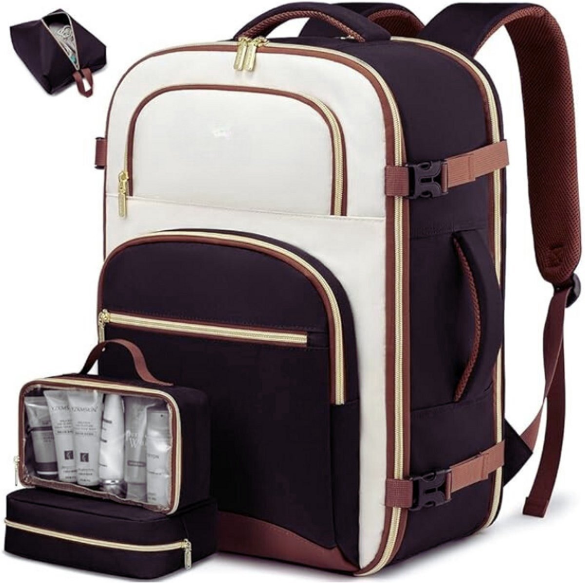 Thuys – Praktische Handbagage Rugzak – Voor Dames – Beige – Zwart – Bruin – 17.3 Zoll – Ideaal Voor Vliegtuigreizen