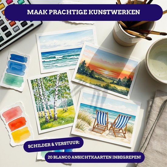 Mikkelhus Aquarelverf Set - 72 kleuren aquarelverf met 20 blanco ansichtkaarten en kwast