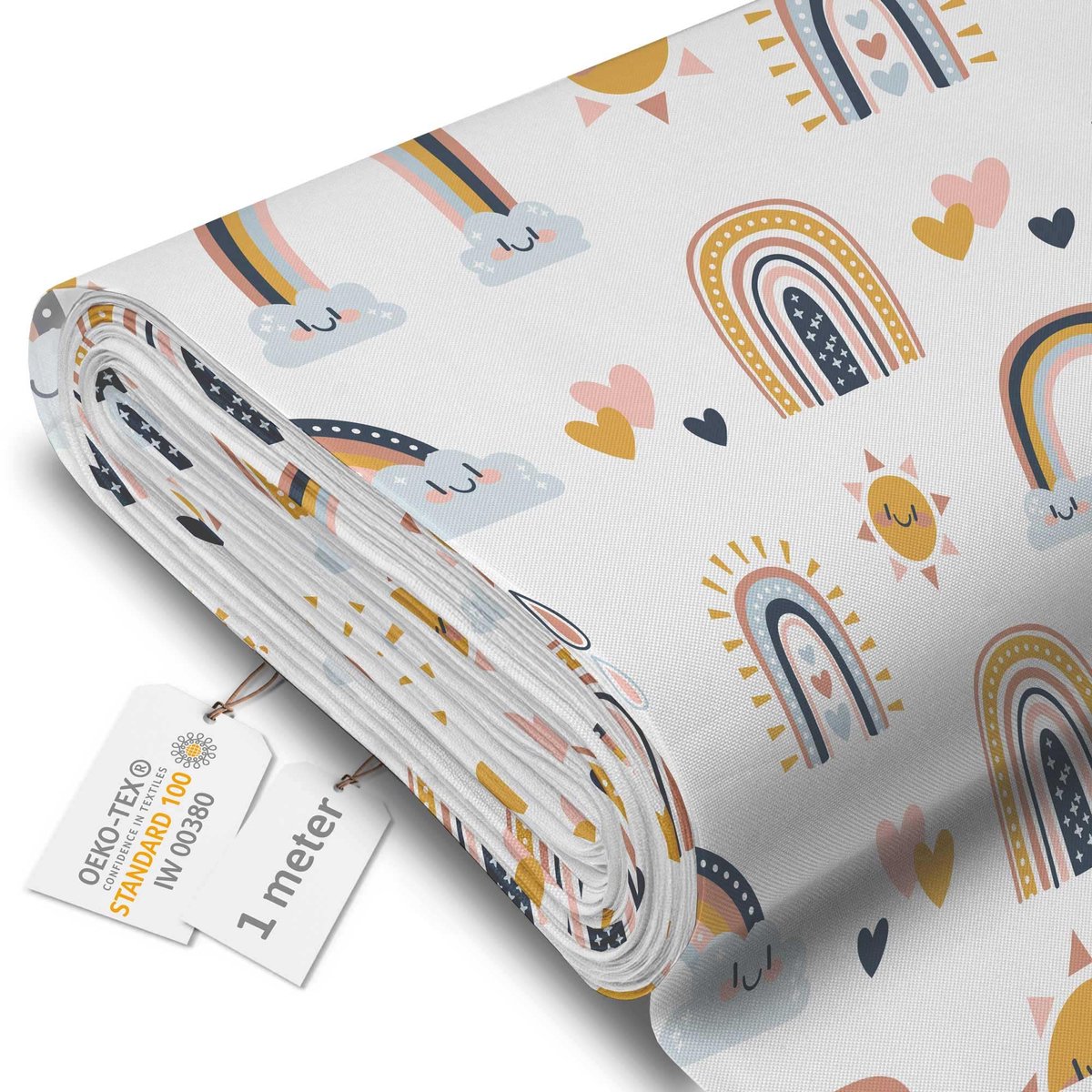 DreamRoots Canvas Waterdicht - Meubelstof per meter 160 cm breed - Waterafstotende stof 220 g/m2 600D - Luifelstof Waterdicht per meter Cartoon Regenboog en Zon 1M