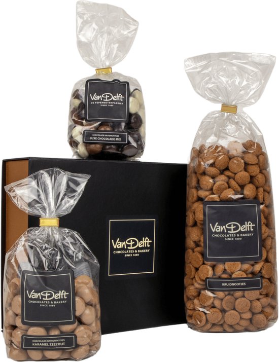 Van Delft - Giftbox met kruidnoten (500gr), luxe mix en karamel zeezout - Kruidnoten Cadeau - Personeelsgeschenk - Sinterklaas geschenk