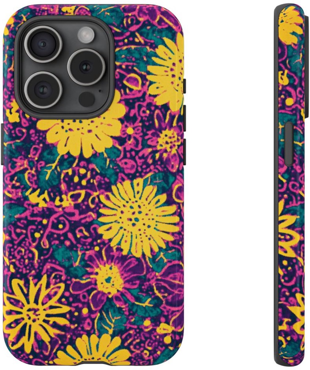 Gele en Paarse Bloemenprint – Telefoonhoesje Geschikt voor iPhone 15 Pro