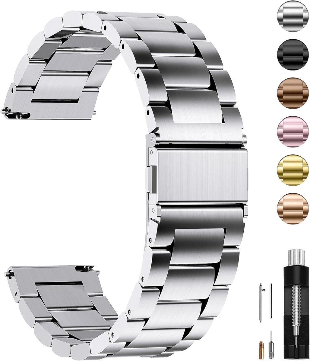 roestvrijstalen armband watch band metalen horlogebanden met snelsluiting geschikt voor dames en heren, 20mm Zilver
