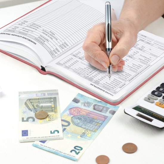 Hand vult een budget planner in met een pen, met eurobiljetten, munten en een rekenmachine op tafel.